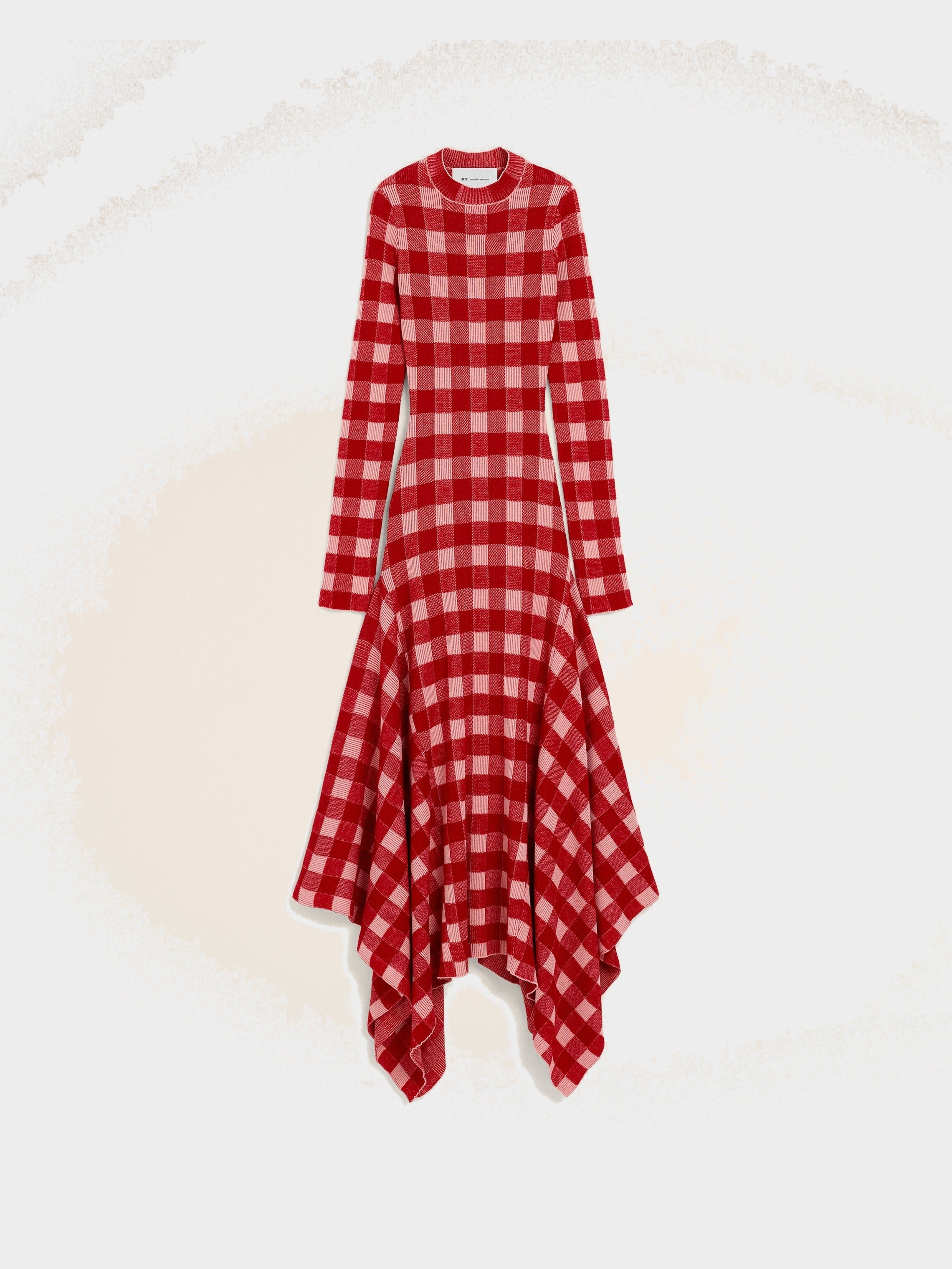 Robe longue à godets à carreaux rose en laine et coton