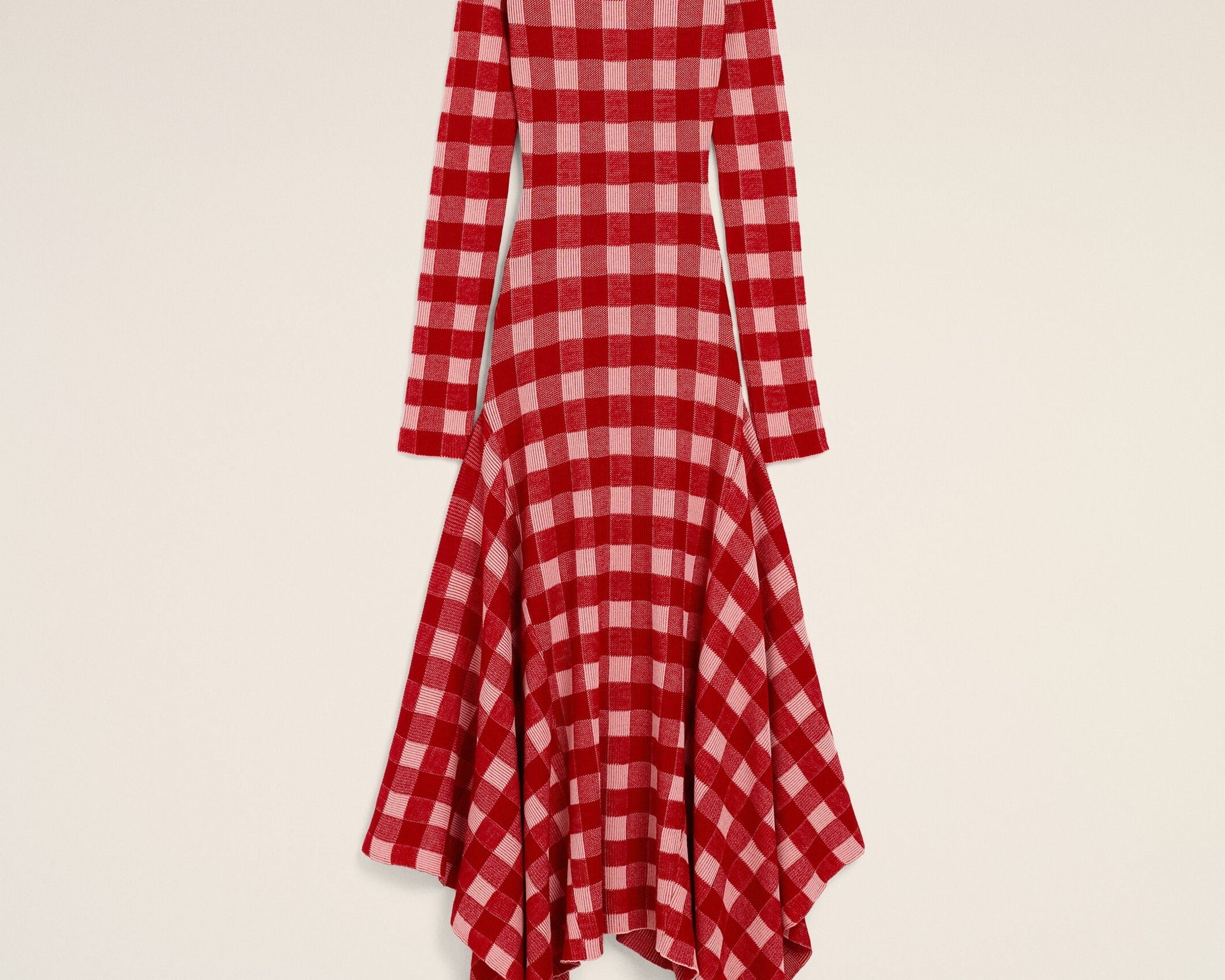 Robe longue à godets à carreaux rose en laine et coton