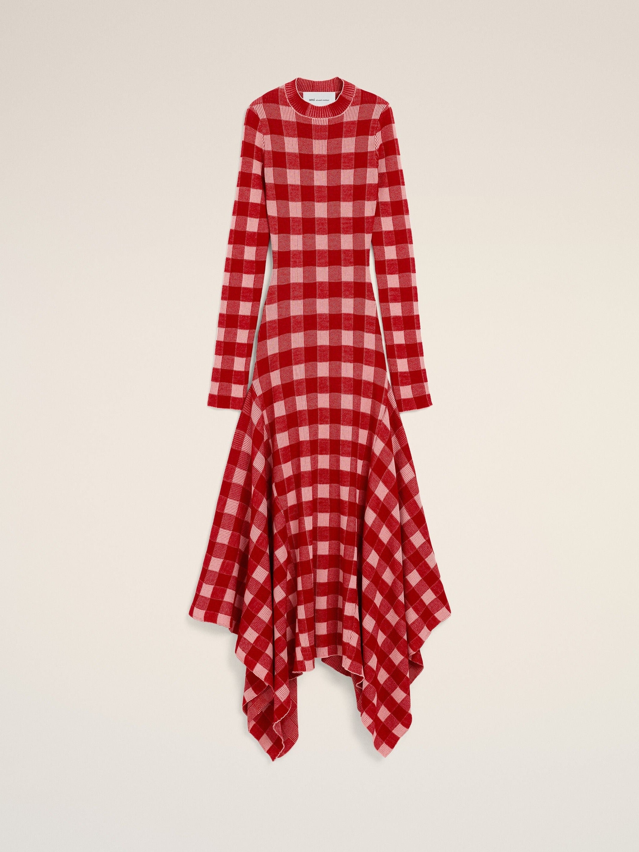 Robe longue à godets à carreaux rose en laine et coton