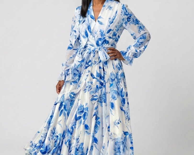 DELACROIX | Lillian Maxi Šaty s Květinovým Zavinovacím Designem