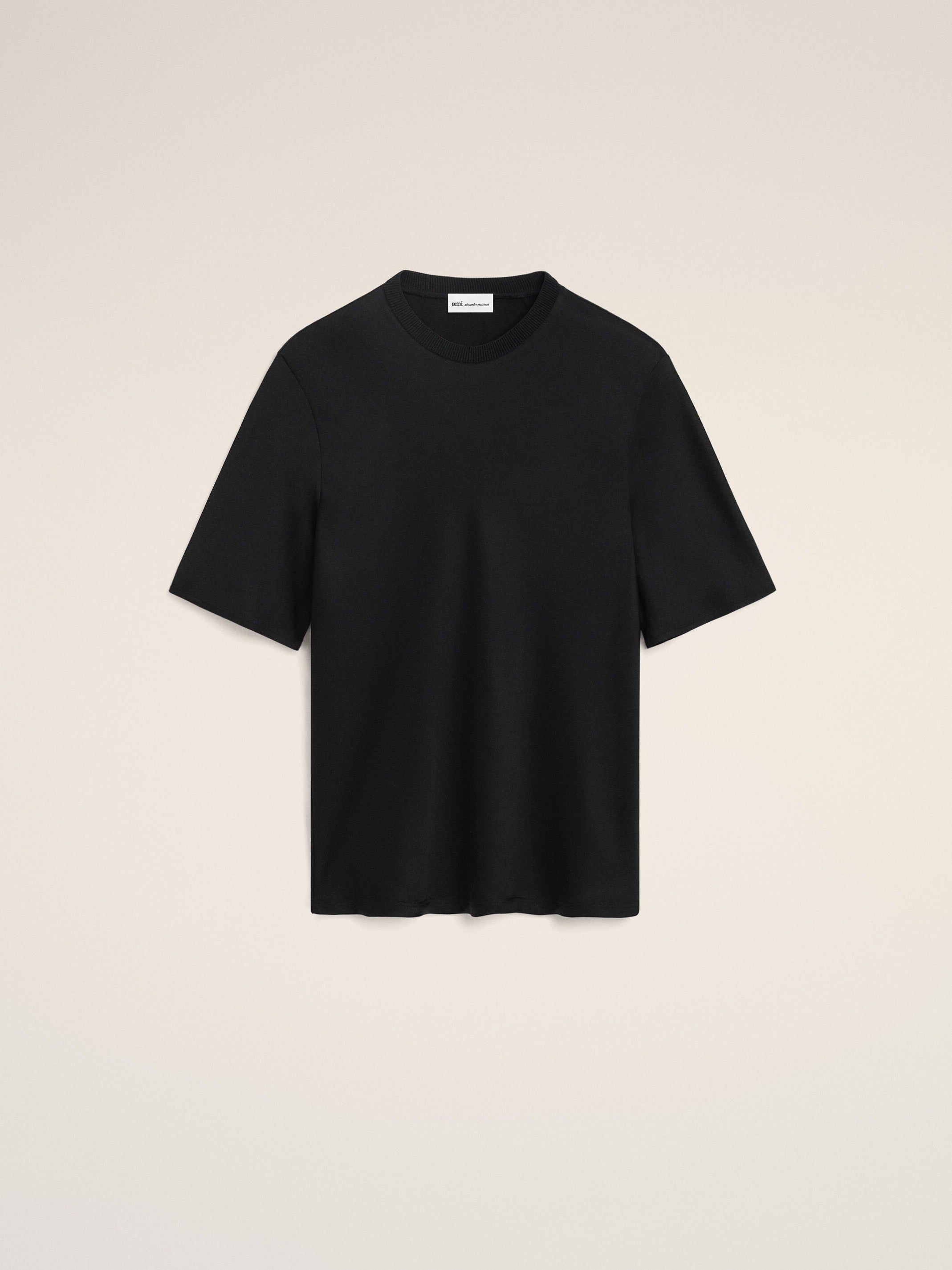 T-shirt Noir Manches Courtes Détail Bord Côte en Satin