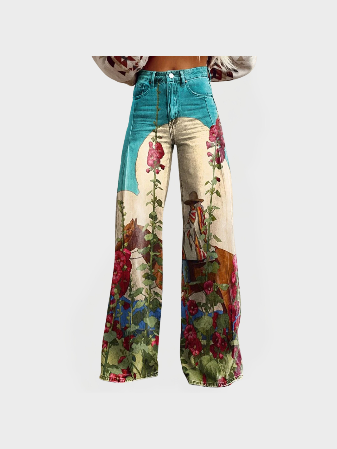 Veronika Elegantní Vaqueros Denim Anchos KvětinovéUmění